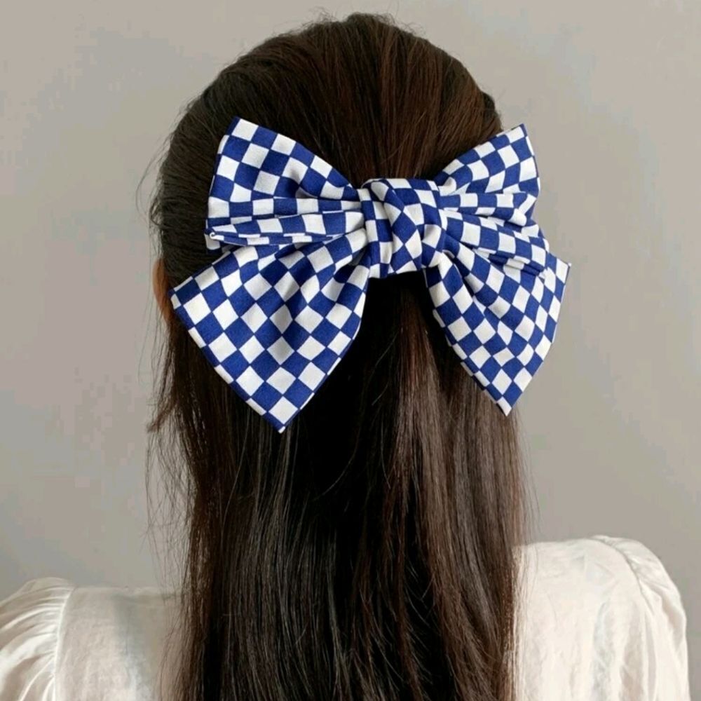 Blue Checkered Bow Barrette - Picture 3 of 6